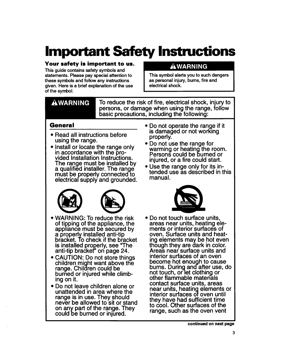 Whirlpool RS385PCB, RS385PXB manual Imtxwtant Safe- Instructions 