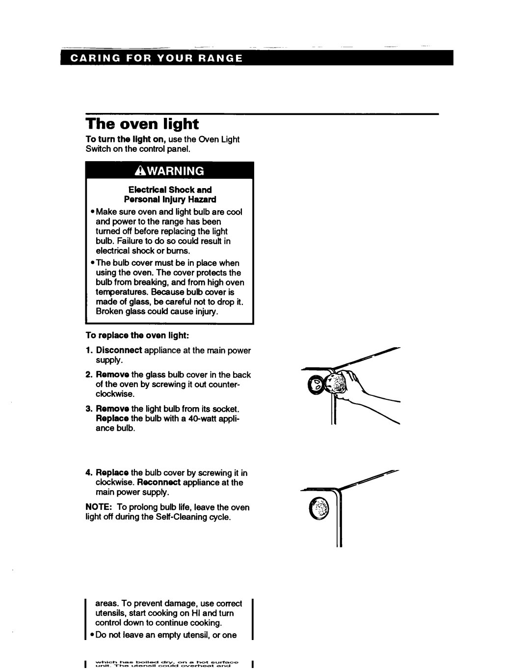 Whirlpool RS385PXB, RS385PCB manual Oven light, Electrical Shock Personal injury Hazard, To replace the oven light 