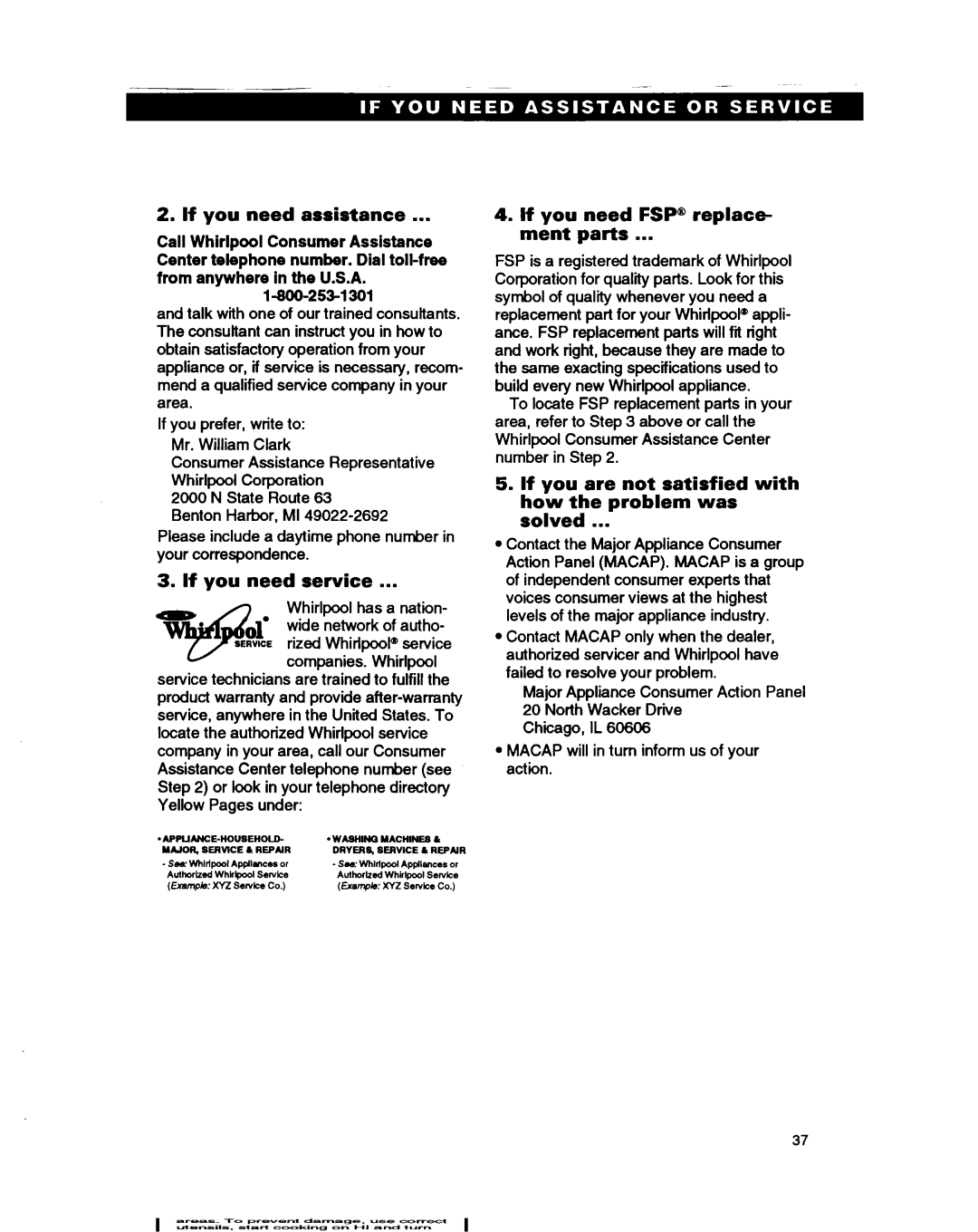 Whirlpool RS385PCB, RS385PXB manual If you need assistance, If you need service, If you need FSP@ replace- ment parts 