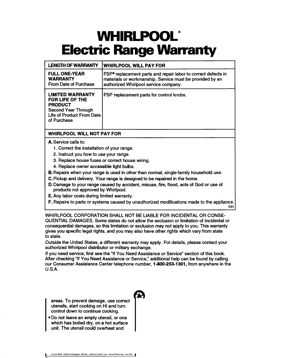 Whirlpool RS385PXB, RS385PCB manual Electric Range Warranty, Mmi 0F wARRAm Iwhirlpool will PAY for, For Life Product 