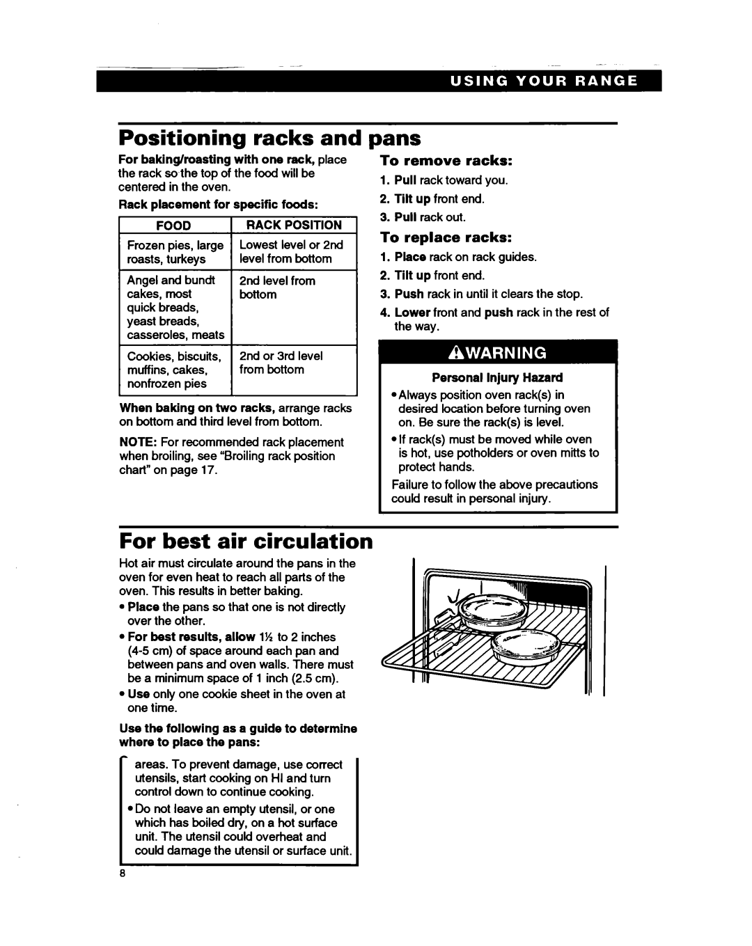 Whirlpool RS385PCB, RS385PXB manual Positioning racks, Pans, For best air circulation, To remove racks, To replace racks 