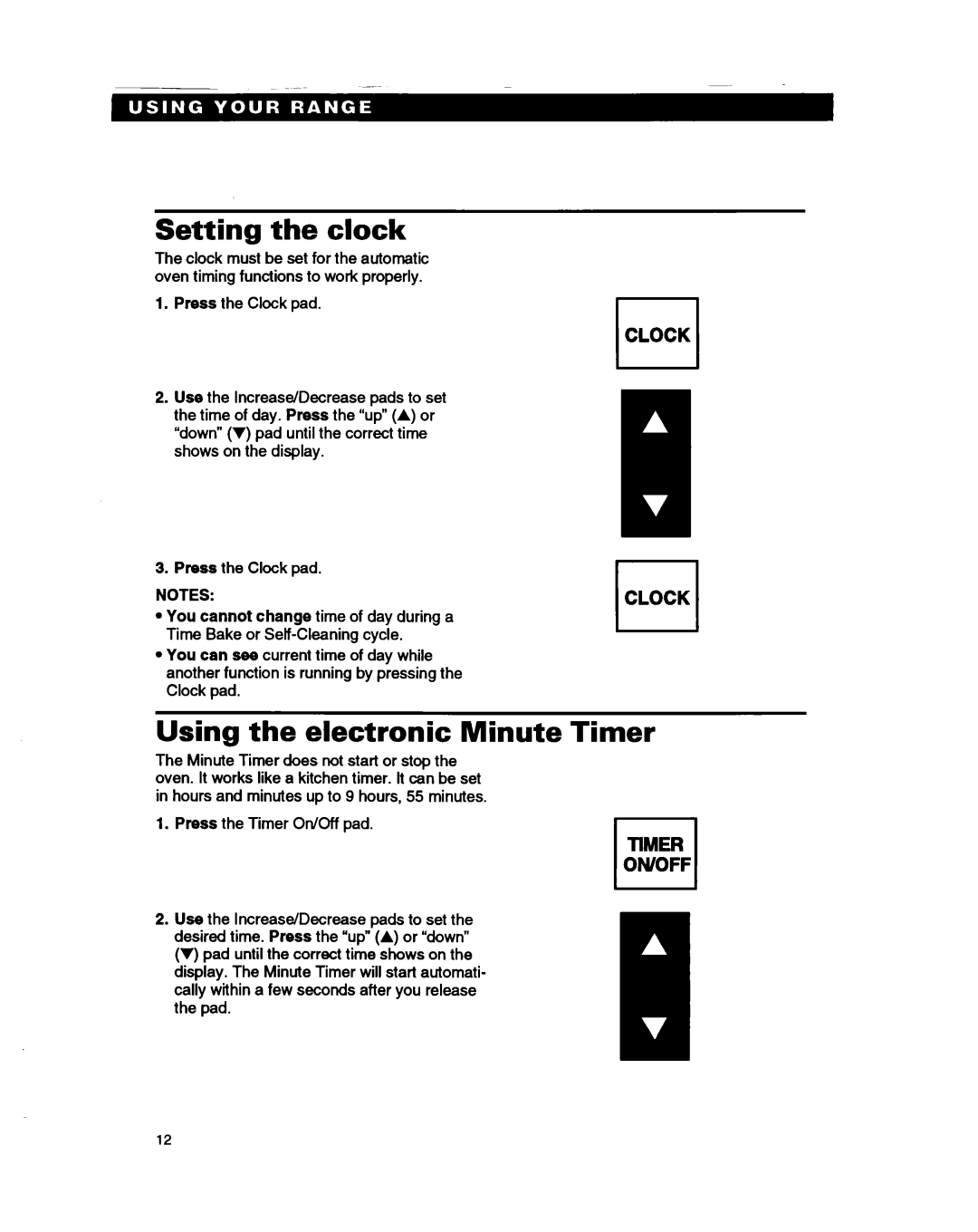 Whirlpool RS385PXB, RS385PCB manual Setting the clock, Using the electronic Minute Timer, 0CLOCK LCLOCK, TIMER rl ON/OFF 