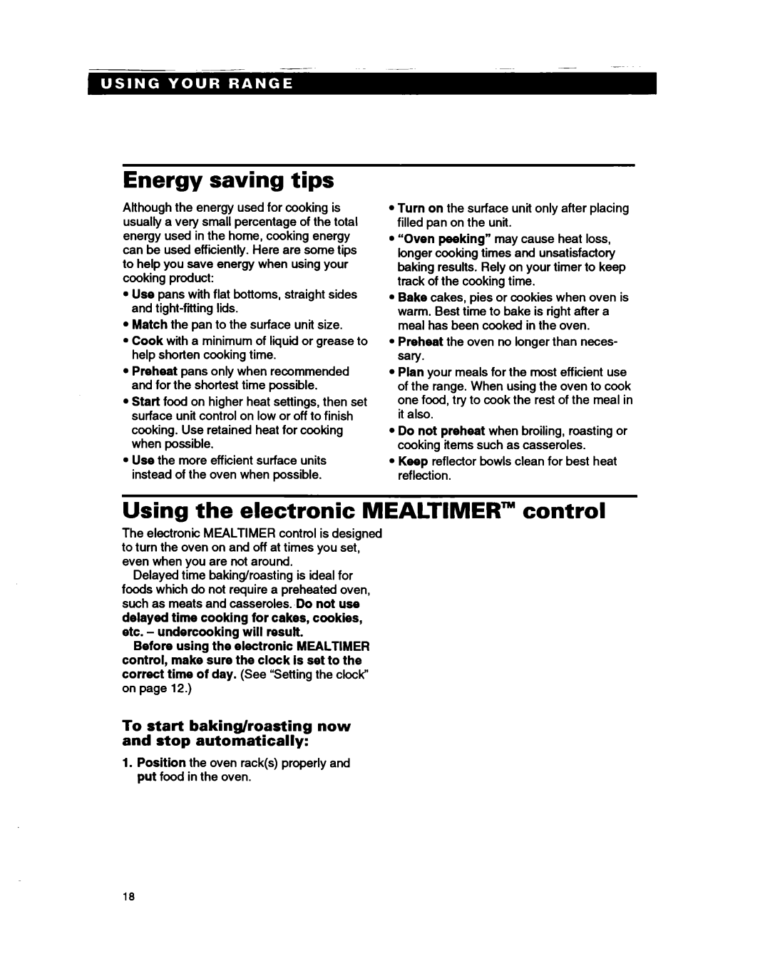 Whirlpool RS385PXB, RS385PCB manual Energy saving tips, Using the electronic MEALTIMER” control 