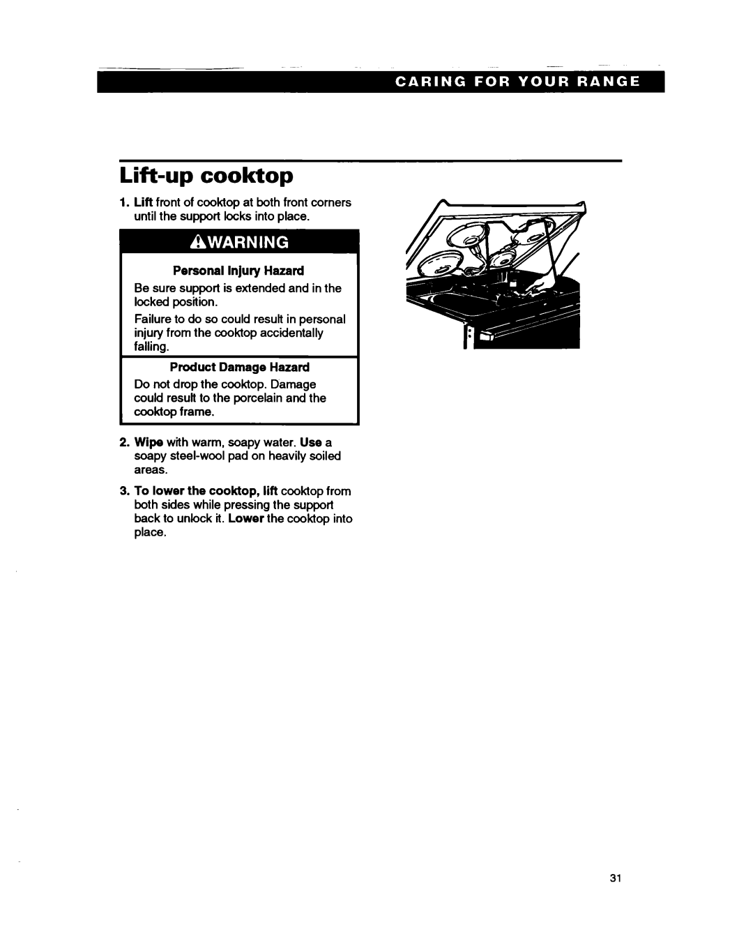 Whirlpool RS385PCB, RS385PXB manual Lift-upcooktop, Personal Injury Hazard, Product Damage Hazard 