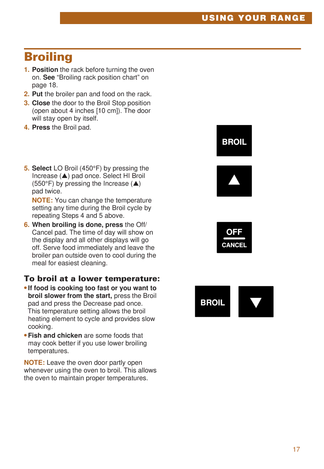 Whirlpool RS385PCE, RS385PXE important safety instructions Broiling, To broil at a lower temperature 