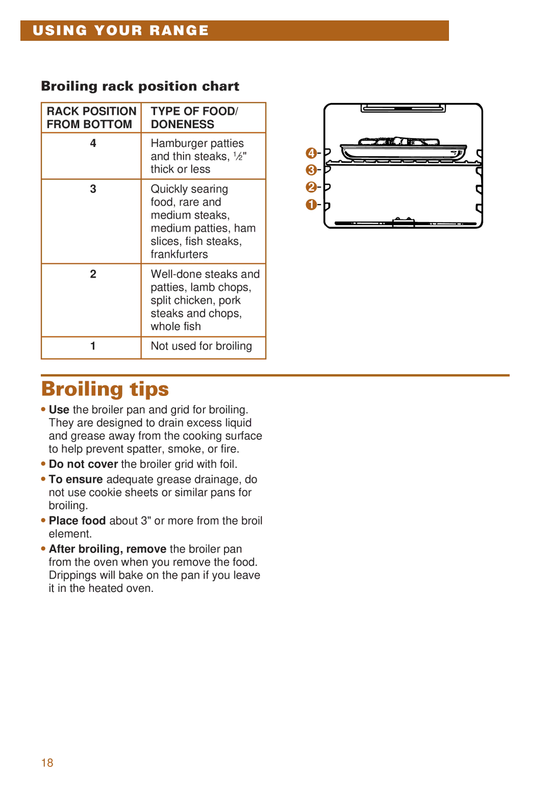 Whirlpool RS385PXE, RS385PCE Broiling tips, Broiling rack position chart, Rack Position Type of Food From Bottom Doneness 