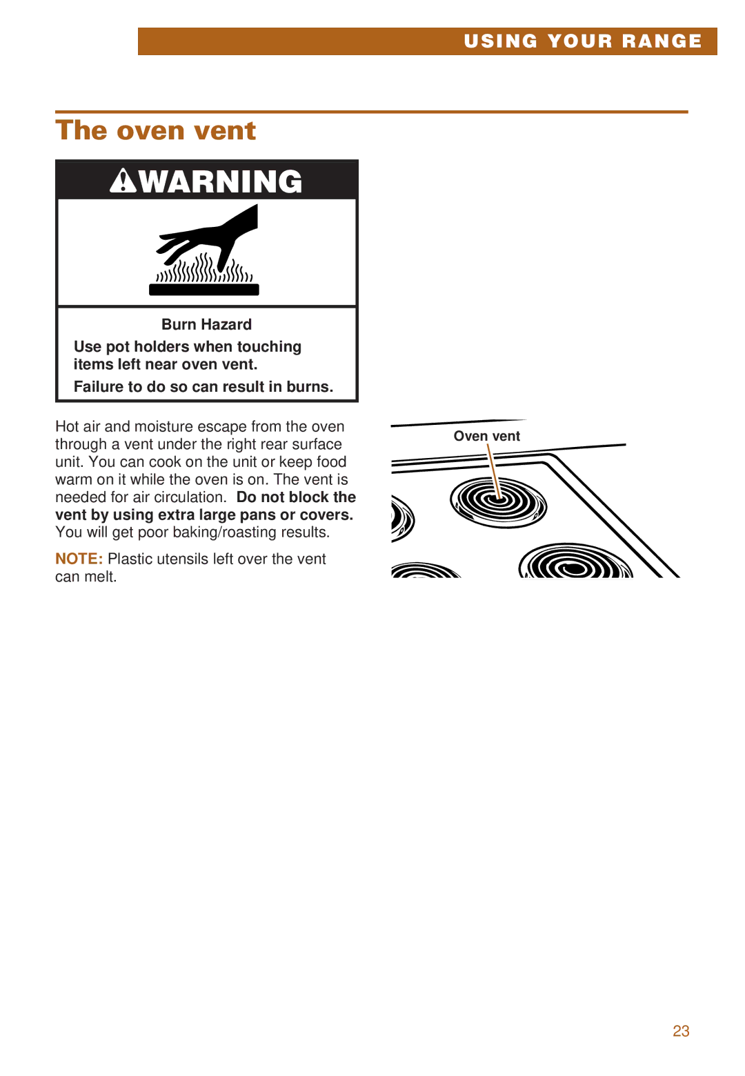 Whirlpool RS385PCE, RS385PXE important safety instructions Oven vent, Vent by using extra large pans or covers 