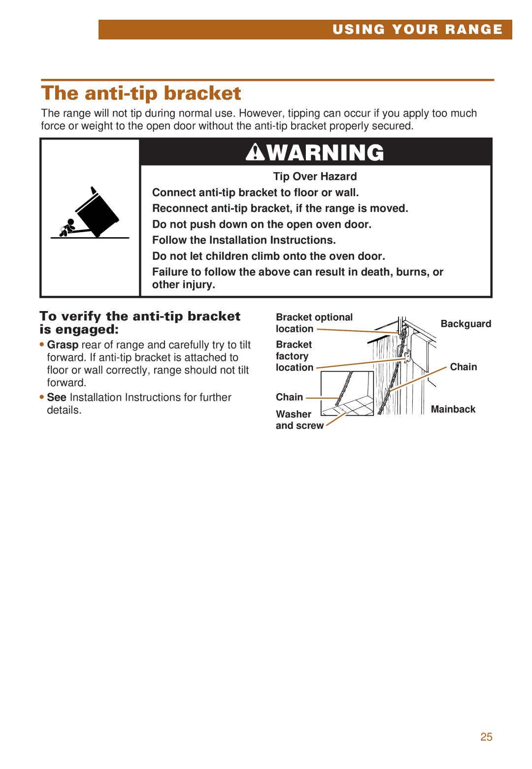 Whirlpool RS385PCE, RS385PXE important safety instructions Anti-tip bracket, To verify the anti-tip bracket is engaged 