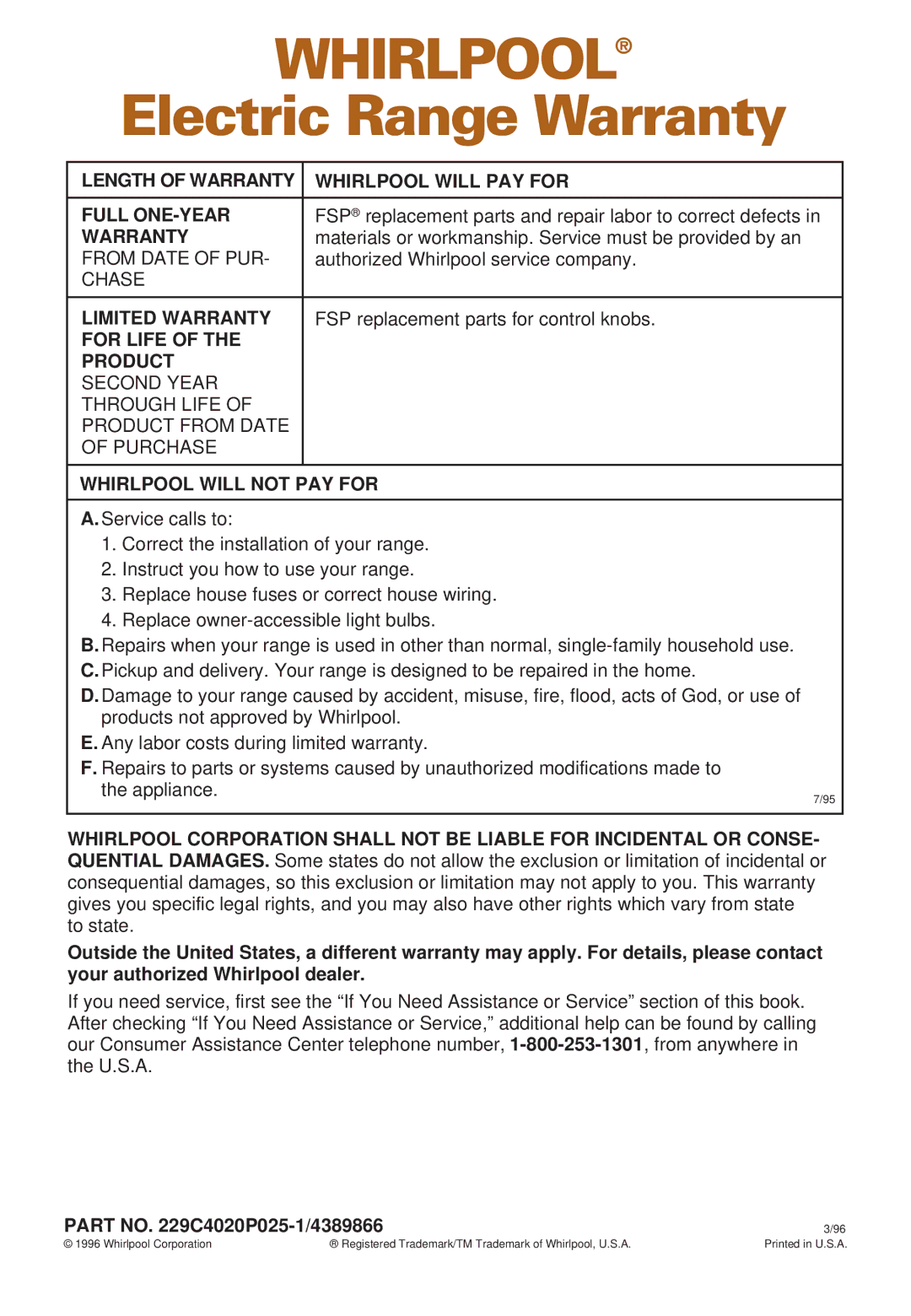Whirlpool RS385PXE, RS385PCE Length of Warranty Whirlpool will PAY for Full ONE-YEAR, Limited Warranty, For Life Product 