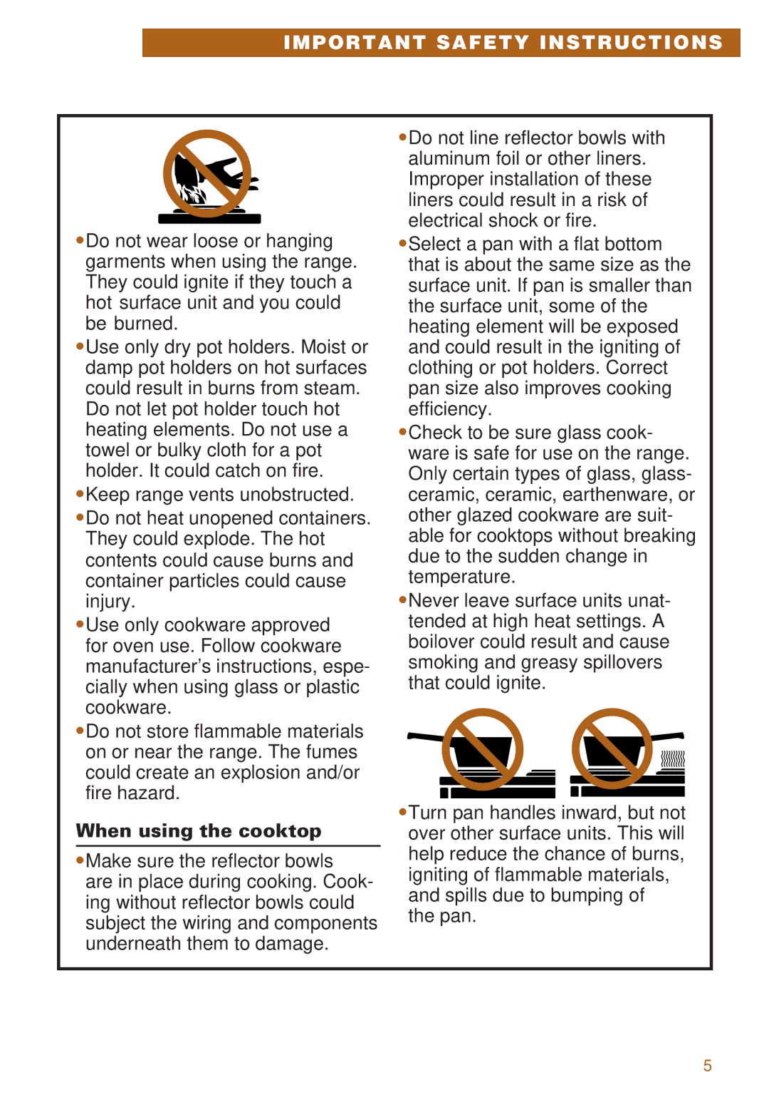 Whirlpool RS385PCE, RS385PXE important safety instructions Important Safety Instructions, When using the cooktop 