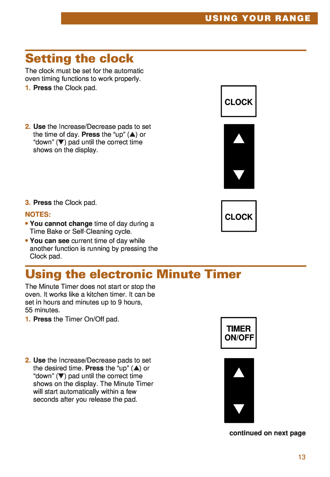 Whirlpool RS385PCE Setting the clock, Using the electronic Minute Timer, Using Your Range, Clock Clock, Timer On/Off 
