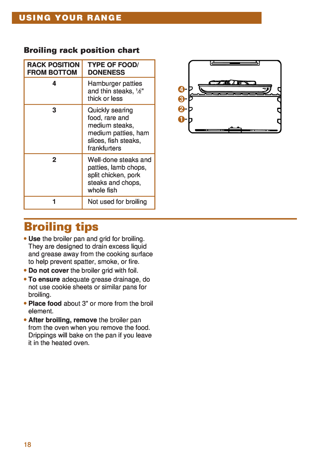 Whirlpool RS385PXE, RS385PCE important safety instructions Broiling tips, Broiling rack position chart, Using Your Range 