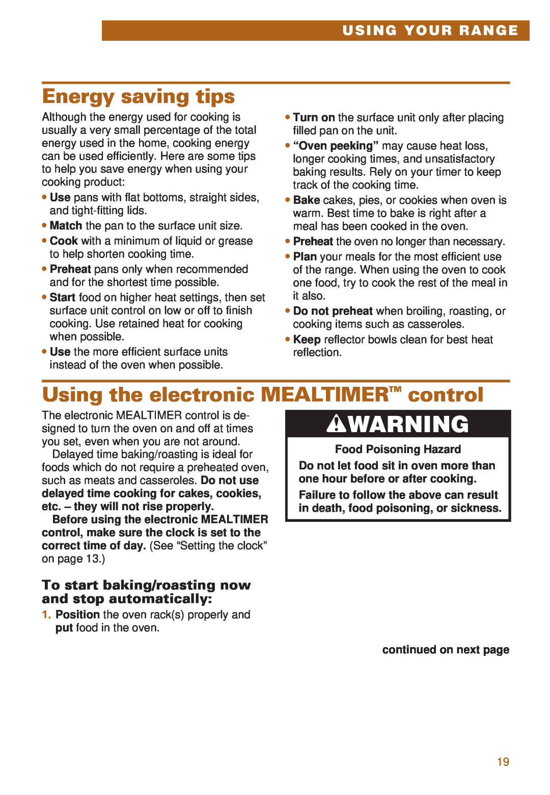 Whirlpool RS385PCE, RS385PXE Energy saving tips, Using the electronic MEALTIMERTM control, wWARNING, Using Your Range 