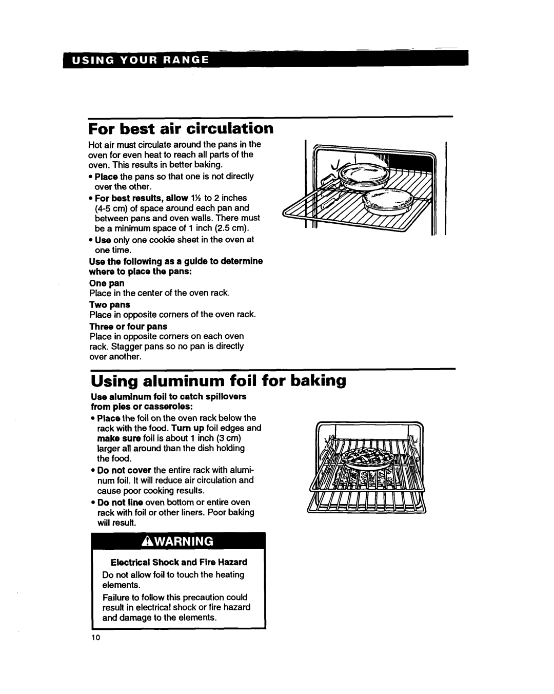 Whirlpool RS386PXB manual For best air circulation, Using aluminum foil for baking, Two pans, Three or four pans 