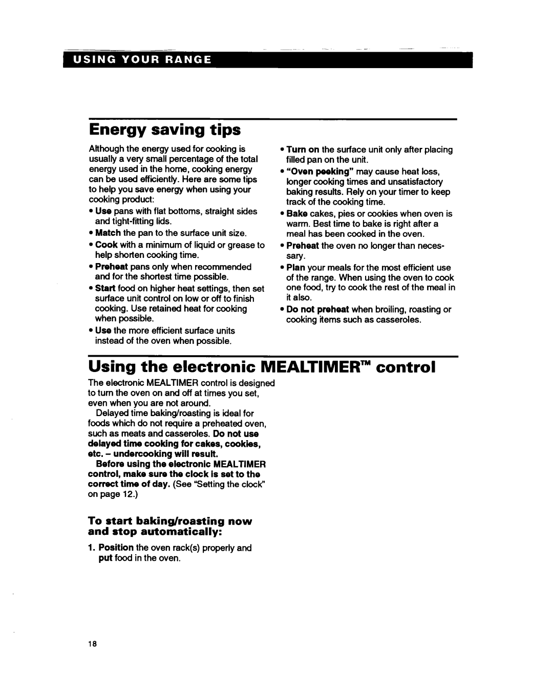 Whirlpool RS386PXB manual Energy saving tips, Using the electronic Mealtimer control 