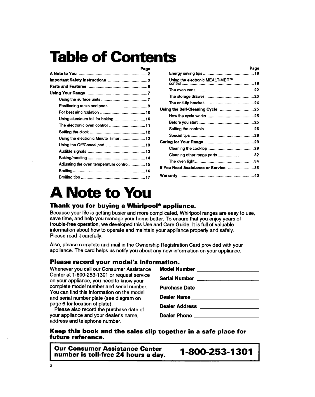 Whirlpool RS386PXB manual Table of Contents 