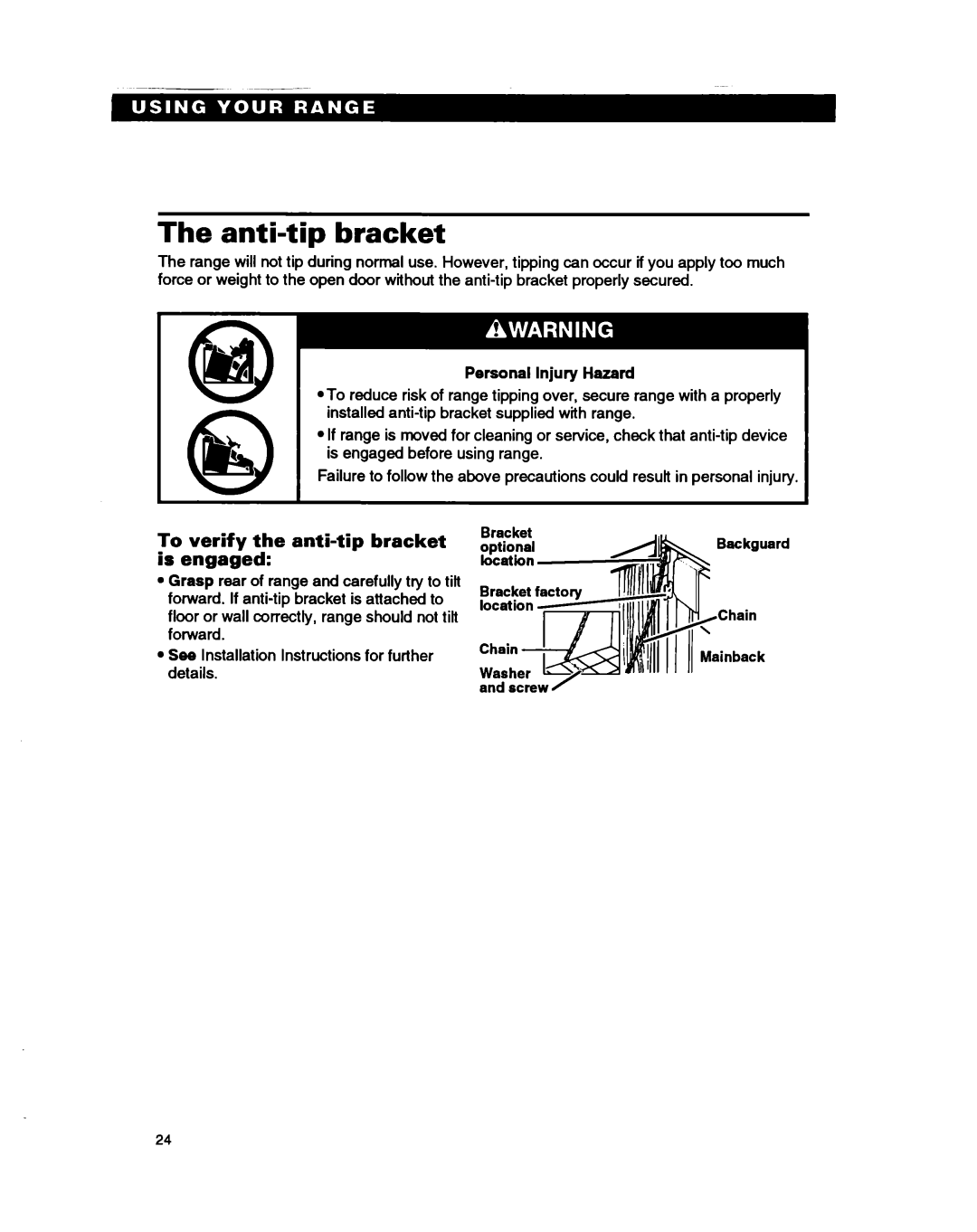 Whirlpool RS386PXB manual Anti-tip bracket, To verify the anti-tip bracket is engaged 