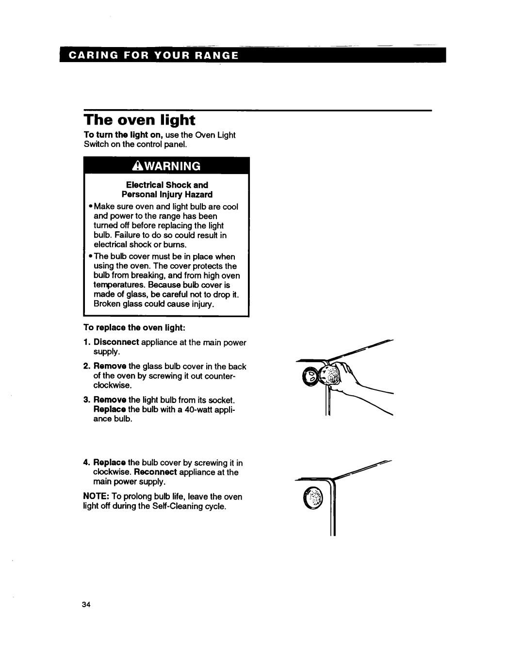 Whirlpool RS386PXB manual Oven light, Electrical Shock Personal Injury Hazard, To replace the oven light 