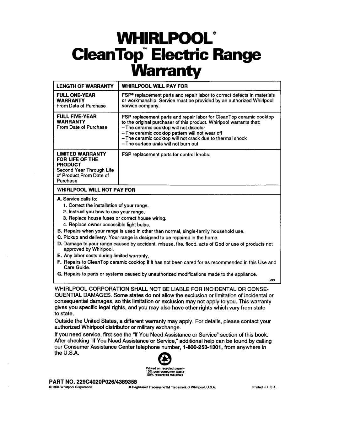 Whirlpool RS386PXB manual Whirlpool, CleanTop Electric Range Warranty 