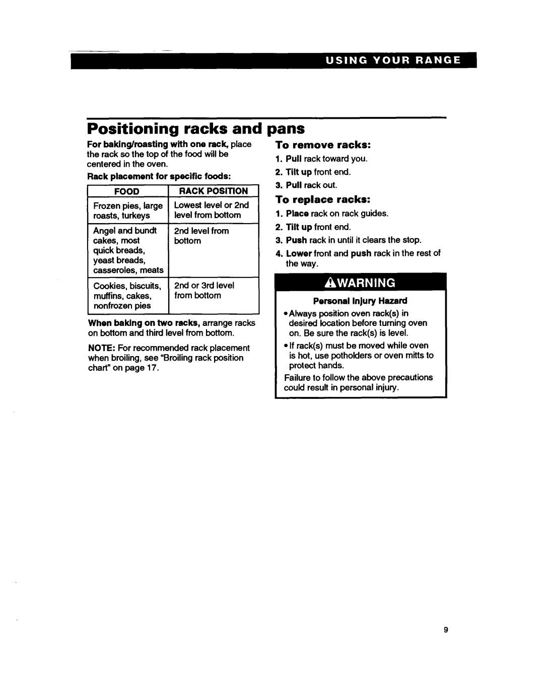 Whirlpool RS386PXB manual Positioning racks, Pans, To remove racks, To replace racks 