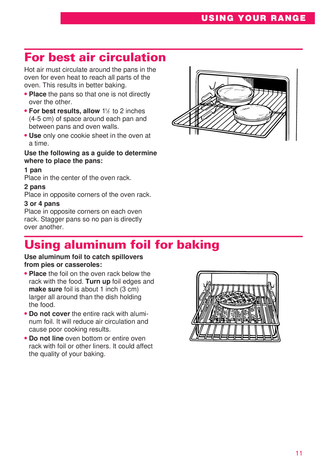 Whirlpool RS386PXE important safety instructions For best air circulation, Using aluminum foil for baking, Pans, Or 4 pans 