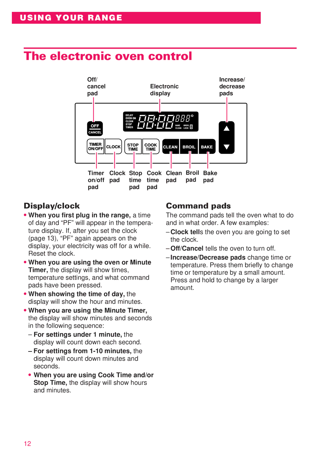 Whirlpool RS386PXE important safety instructions Electronic oven control, Display/clock, Command pads 