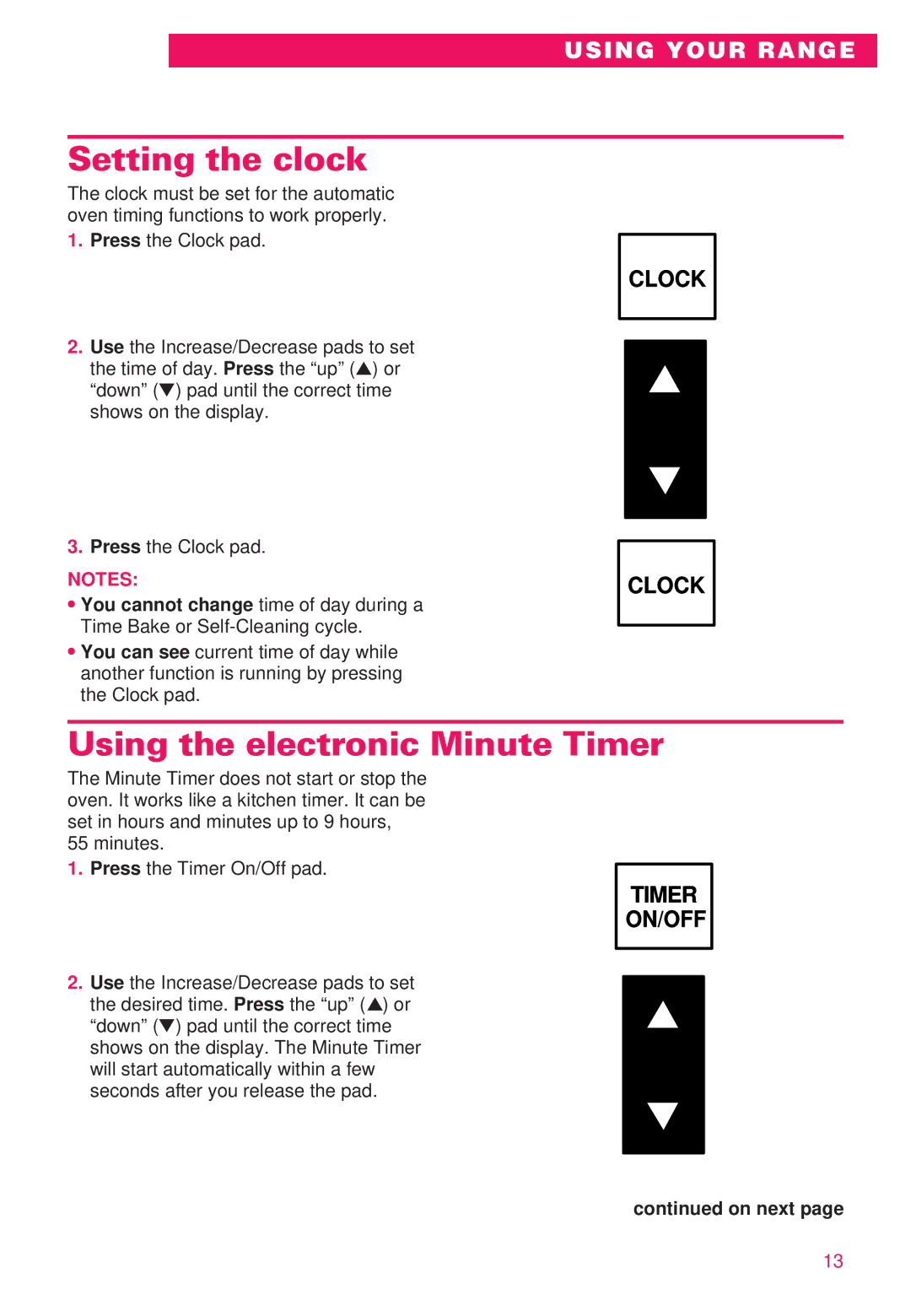 Whirlpool RS386PXE important safety instructions Setting the clock, Using the electronic Minute Timer, On next 