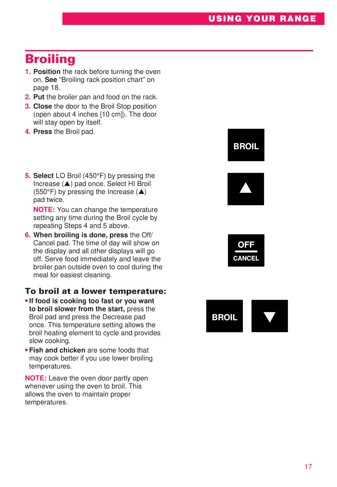 Whirlpool RS386PXE important safety instructions Broiling, To broil at a lower temperature 