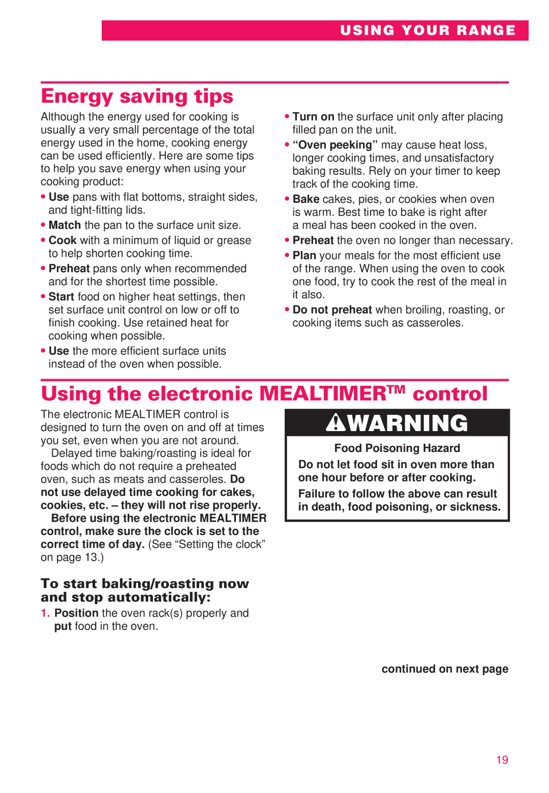 Whirlpool RS386PXE important safety instructions Energy saving tips, Using the electronic Mealtimertm control 