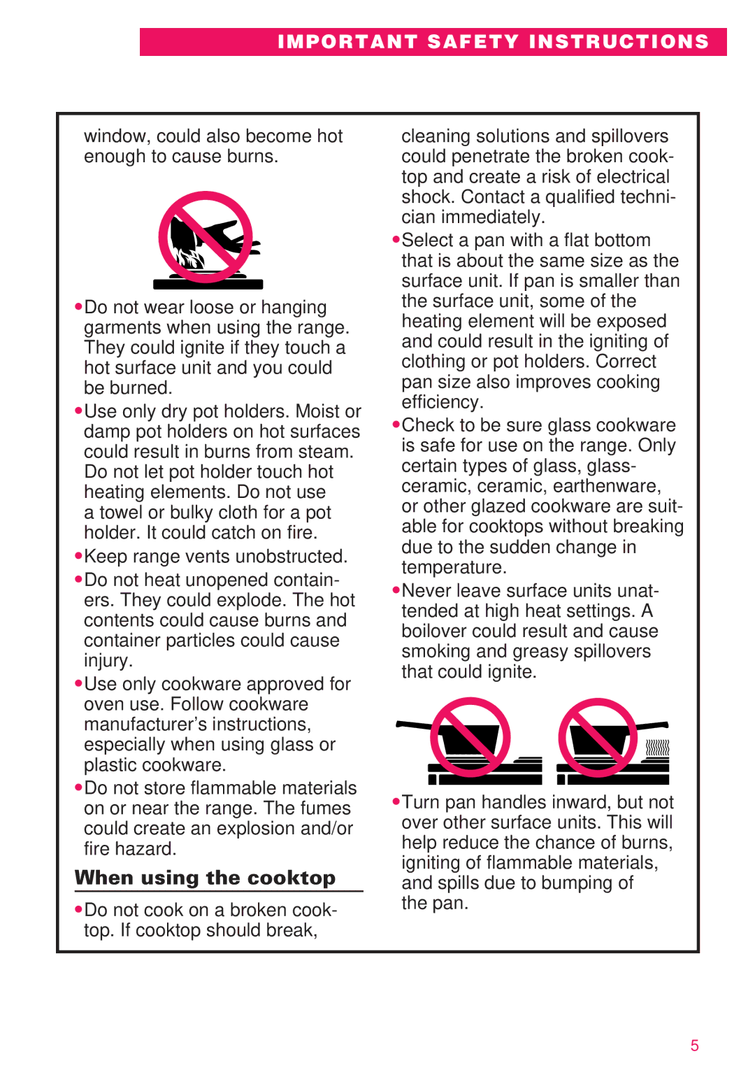 Whirlpool RS386PXE important safety instructions When using the cooktop 