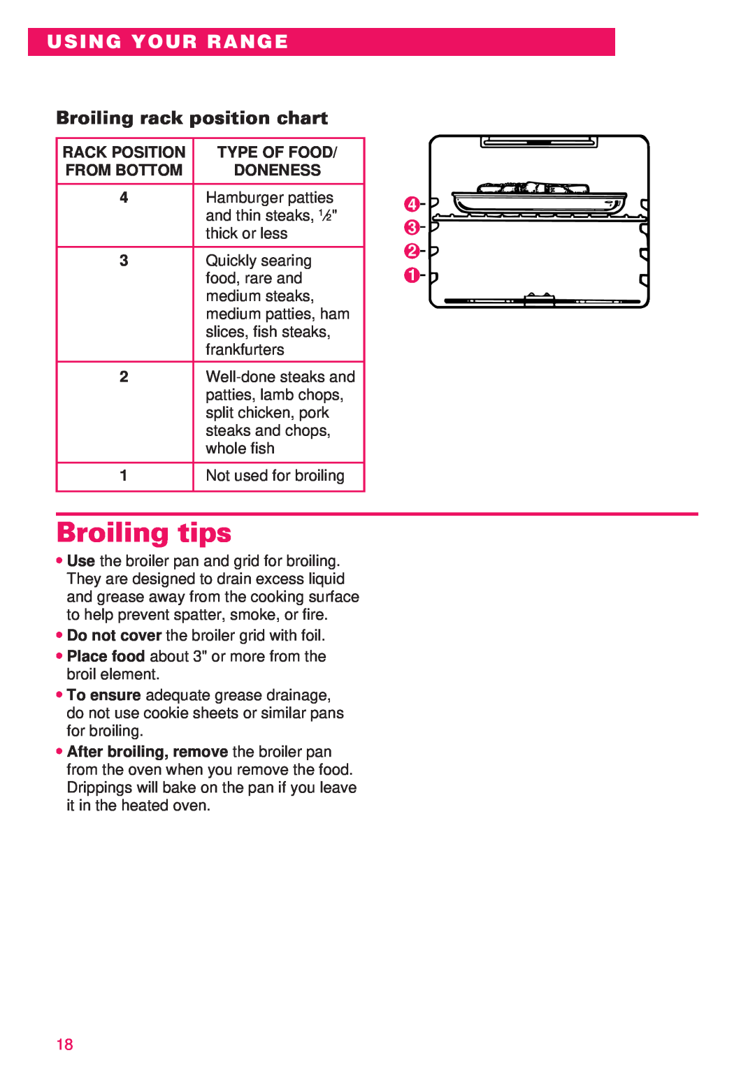 Whirlpool RS386PXE important safety instructions Broiling tips, Broiling rack position chart, Using Your Range 