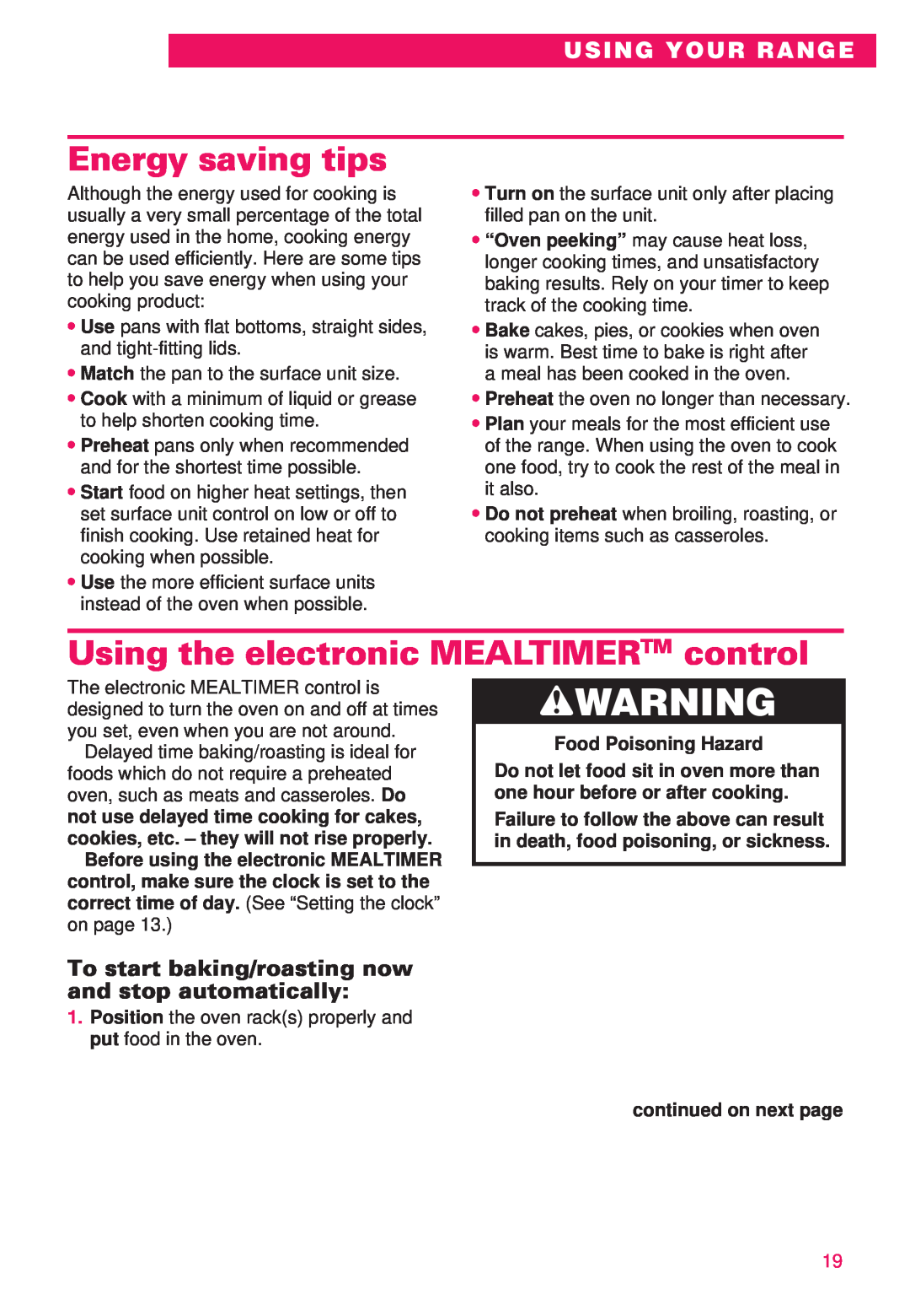 Whirlpool RS386PXE Energy saving tips, Using the electronic MEALTIMERTM control, wWARNING, Using Your Range 