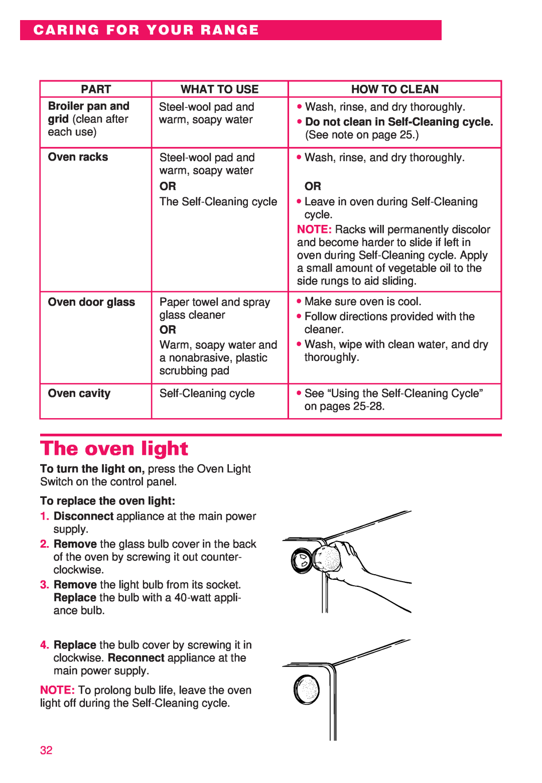 Whirlpool RS386PXE important safety instructions The oven light, Caring For Your Range 