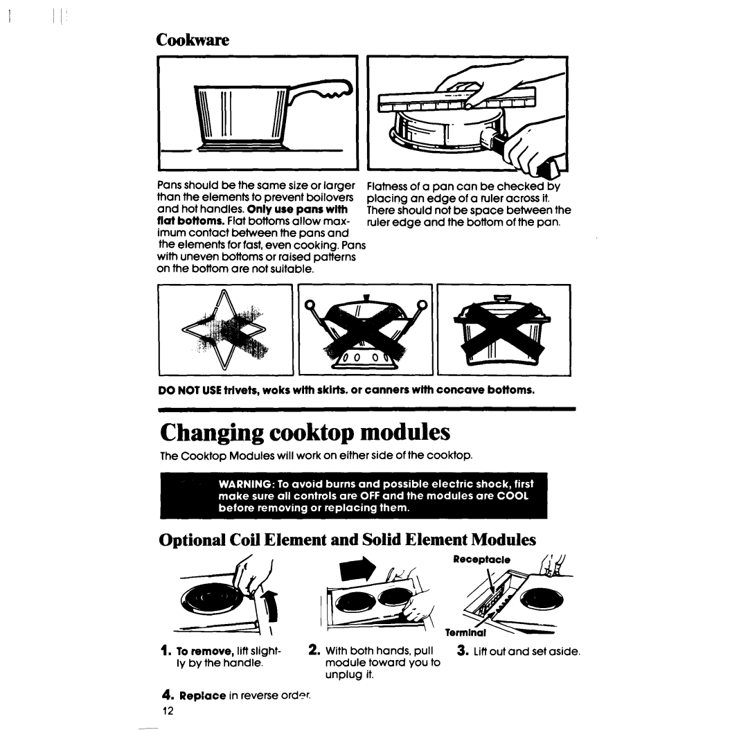 Whirlpool RS575PXR manual Changing cooktop modules, Optional Coil Element and Solid Element Modules 