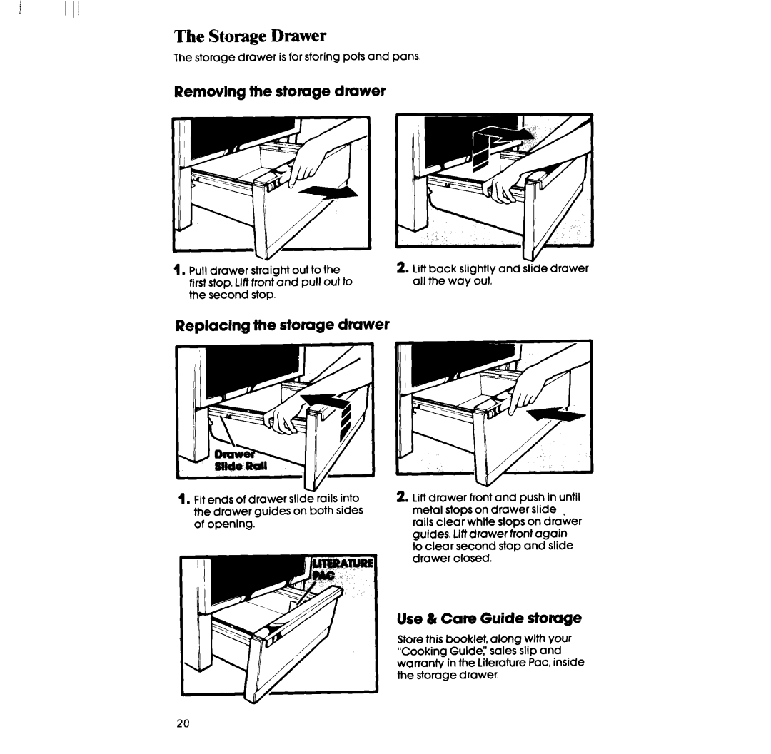 Whirlpool RS575PXR Storage Drawer, Removing the storage drawer, Replacing the storage drawer, Use & Care Guide storage 