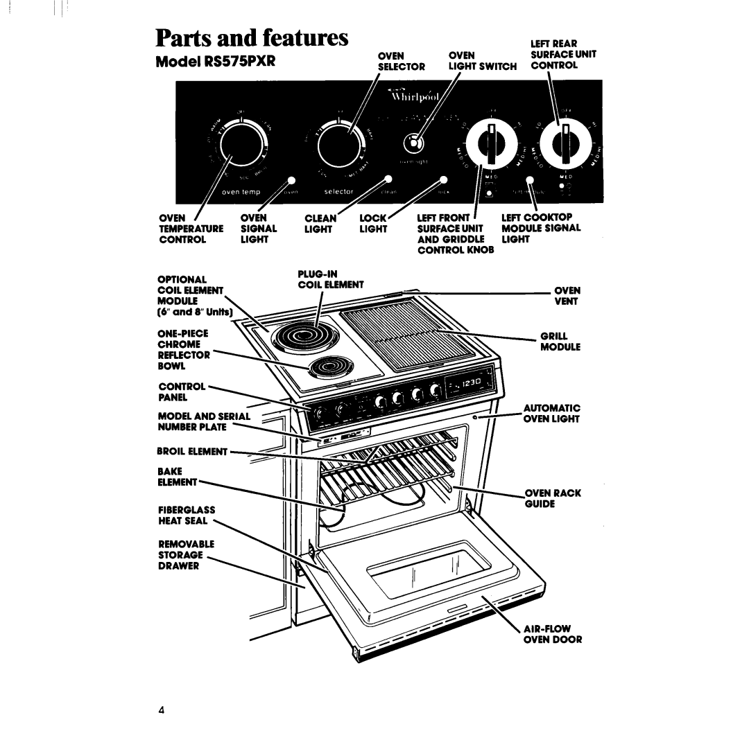 Whirlpool manual Parts and features, Model RS575PXR 