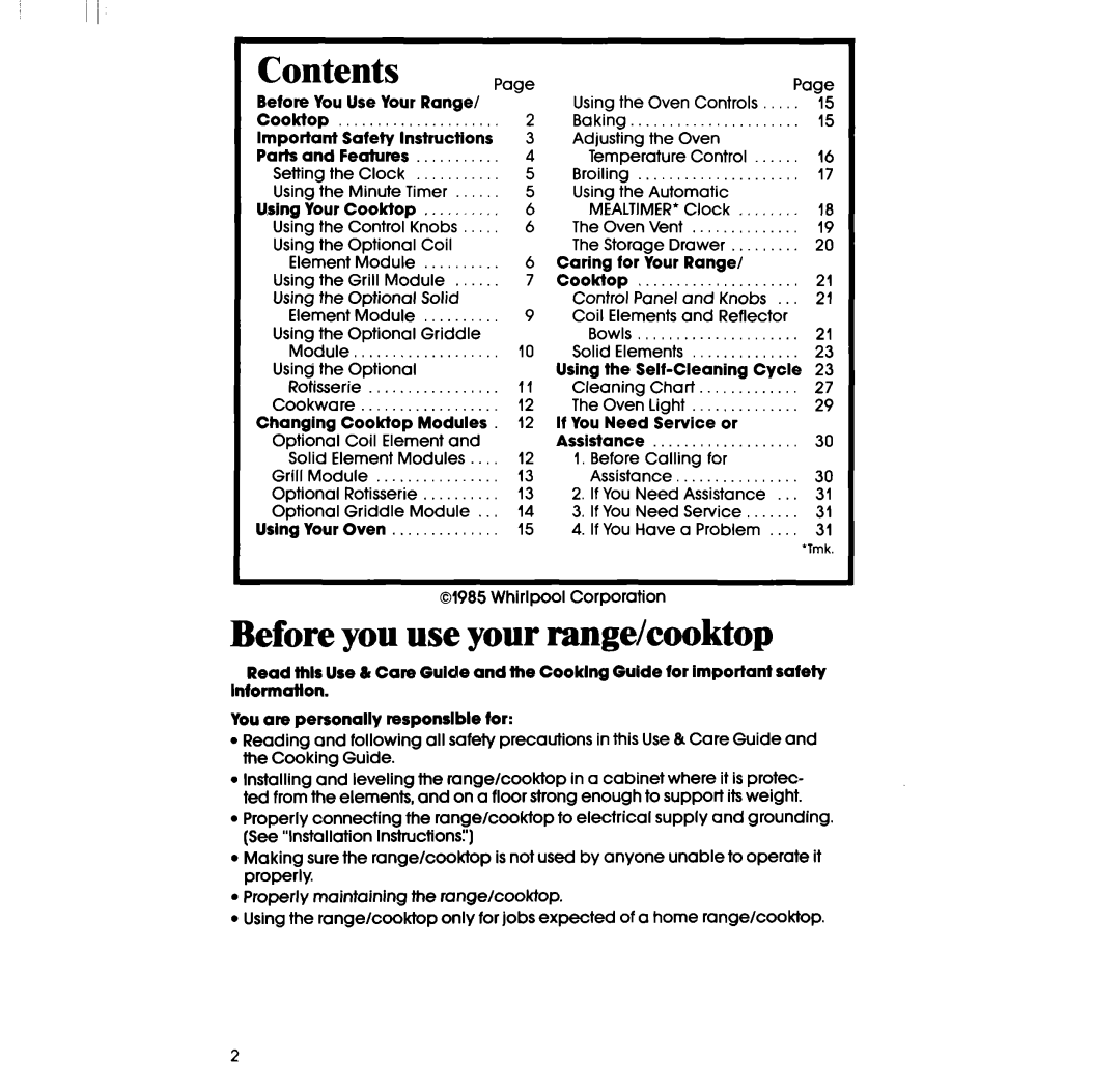 Whirlpool RS575PXR manual Contents, Before you use your rangehoktop 