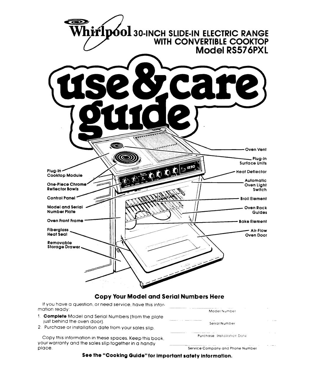 Whirlpool RS576PXL manual Copy Your Model and Serial Numbers Here, See the Cooklng Guldetor Important safety Intormatlon 