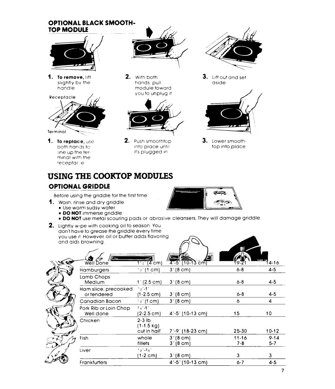 Whirlpool RS576PXL Using the Cooktop Modules, Optional Black Smooth, Optional Griddle, Approxlmate Grlddle Module Settings 