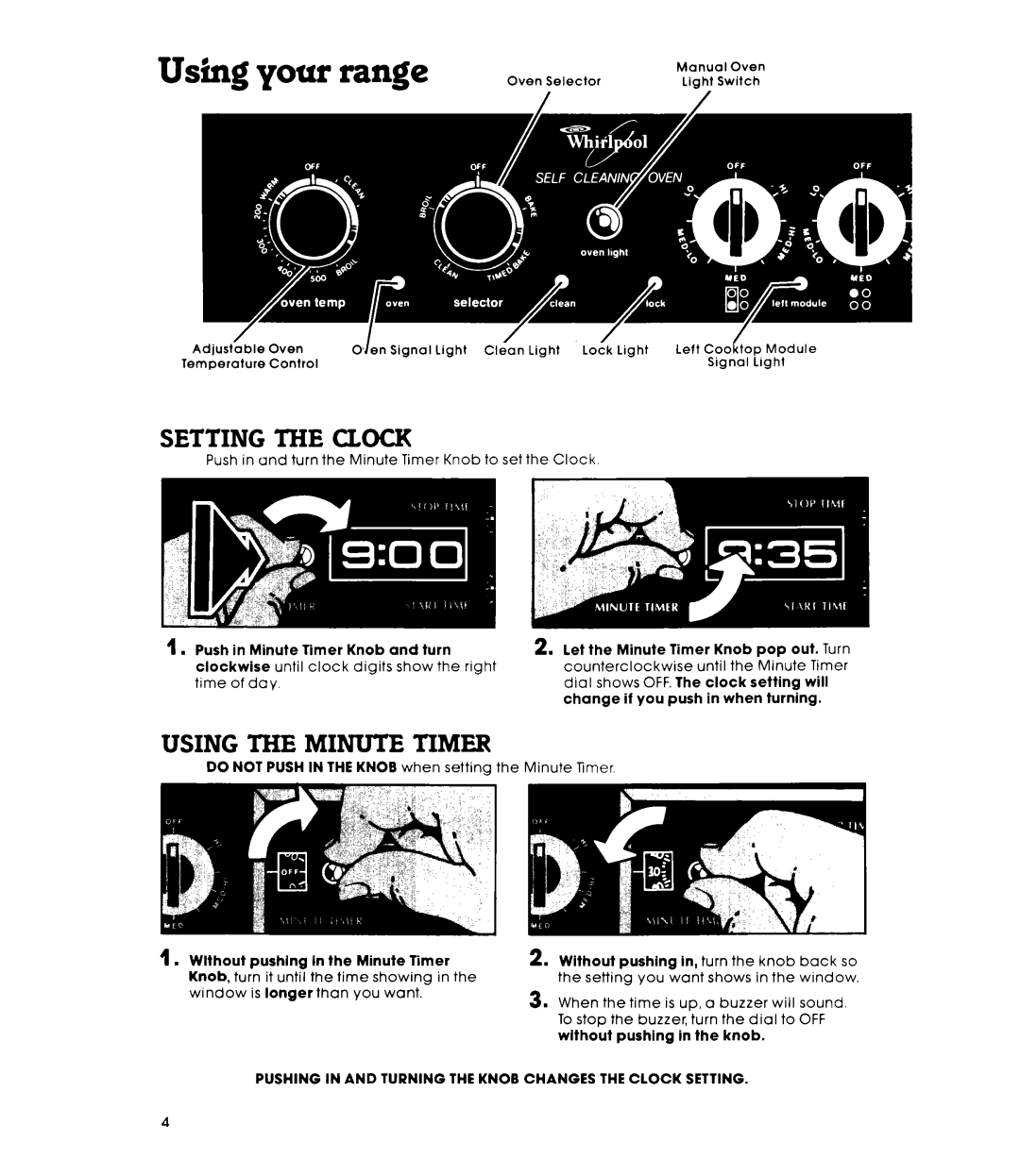 Whirlpool RS576PXL Setting the Clock, Using the Minute Timer, Pushing in and Turning the Knob Changes the Clock Setting 