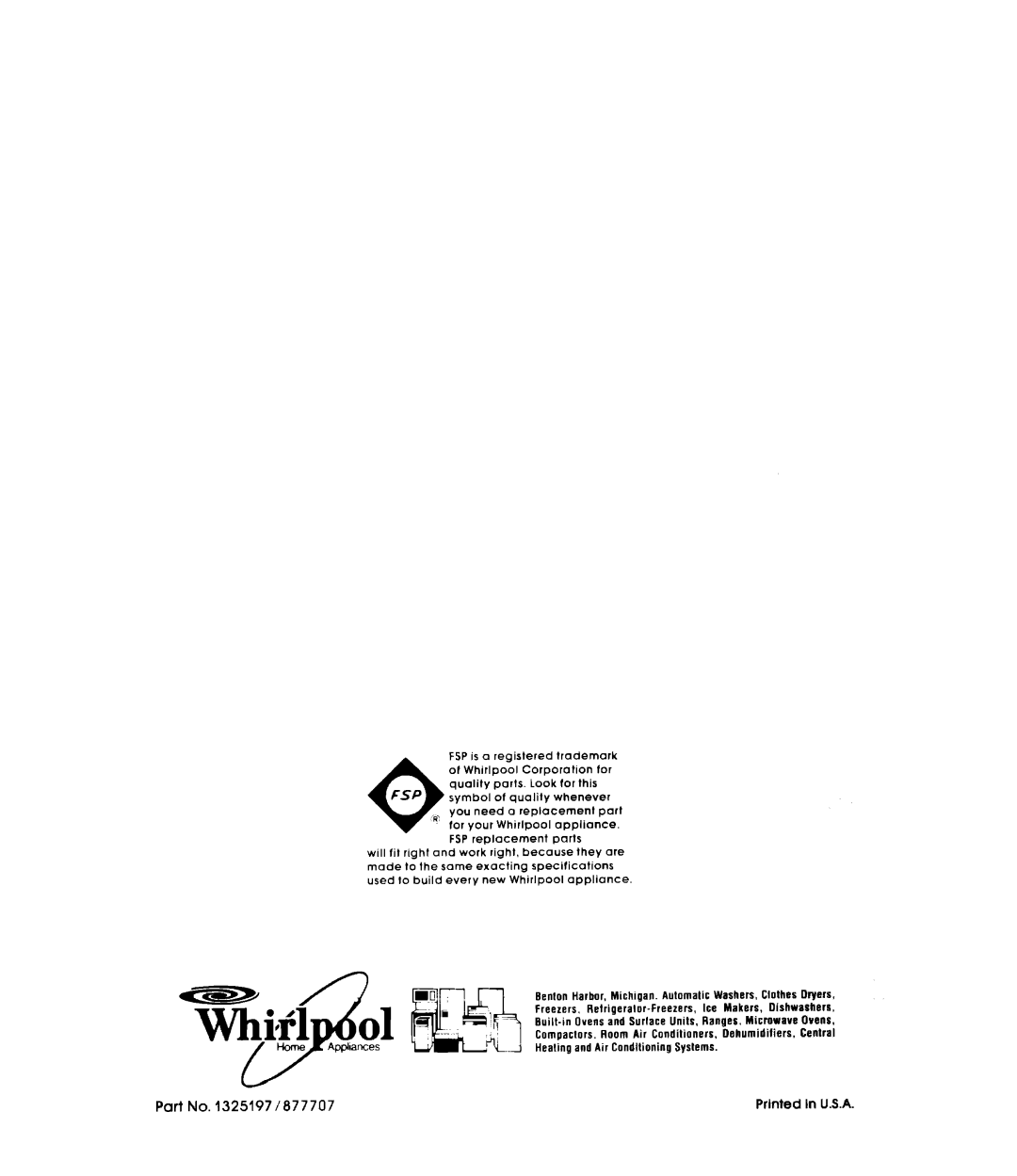 Whirlpool RS576PXL manual Part No. 1325197/877707, Prlrtted In U.S.A 
