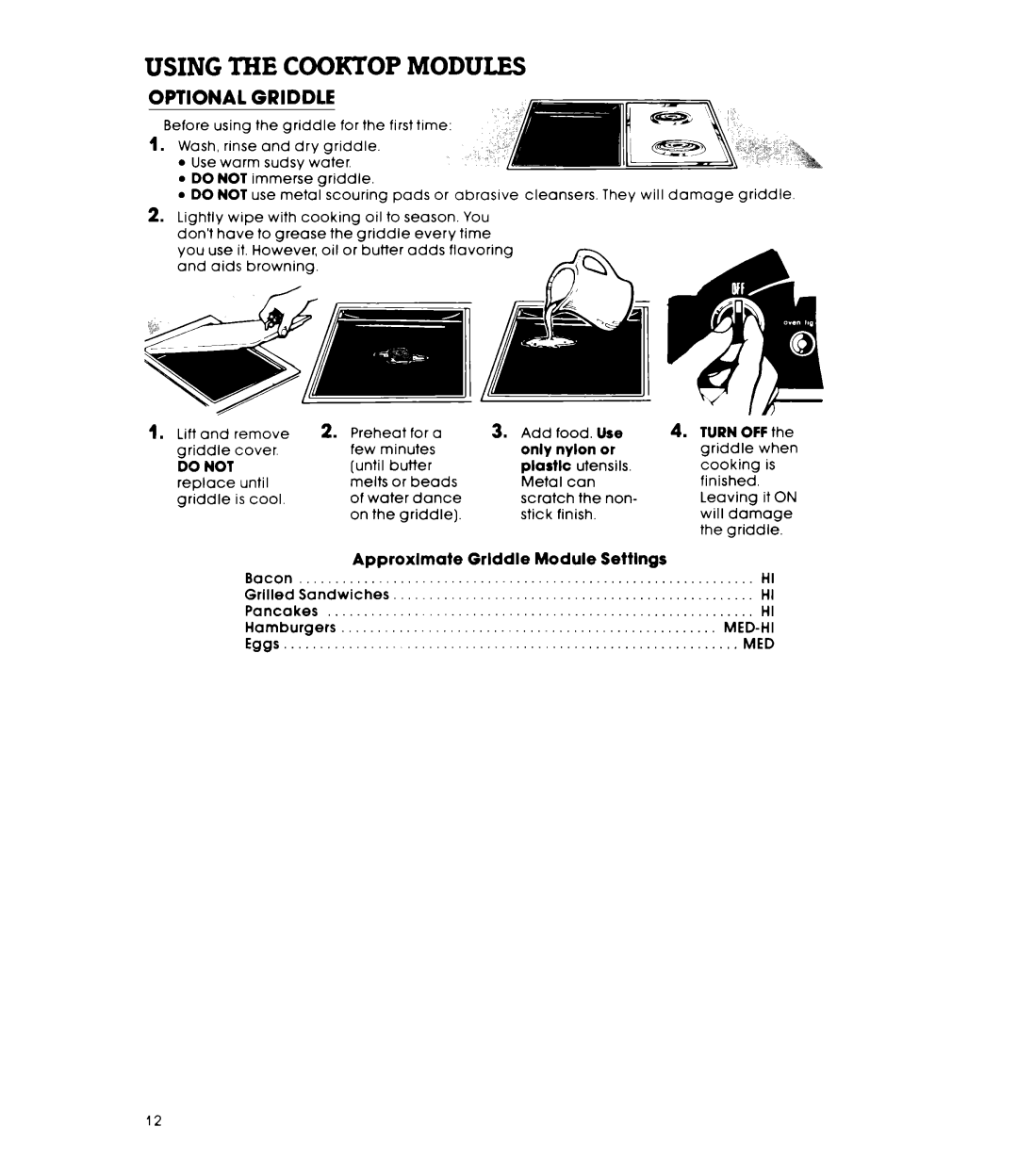 Whirlpool RS576PXP warranty Using the Cookiop Modules, Optional Griddle, Add, Approxlmate Grlddle Module Settlngs, Do not 