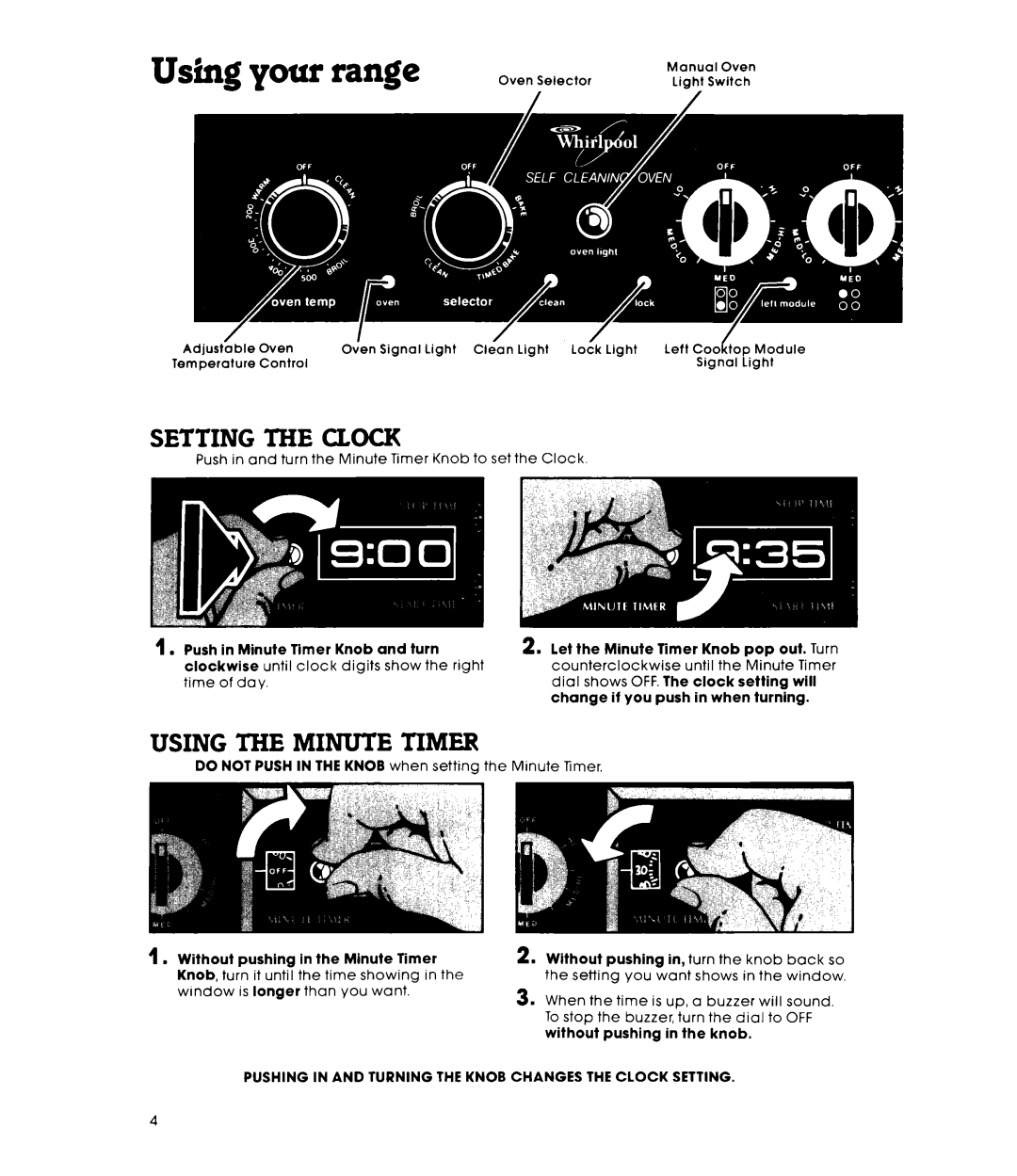 Whirlpool RS576PXP Setting the Clock, Using the Minute Timer, Pushing in and Turning the Knob Changes the Clock Setting 