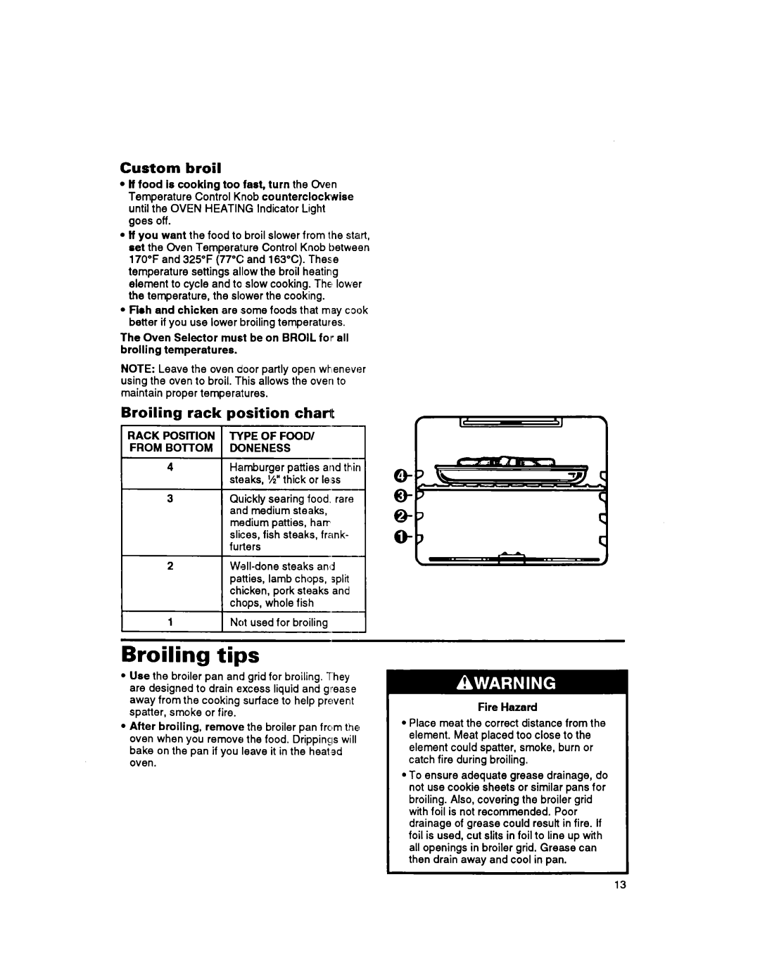 Whirlpool RS600BXB manual Broiling tips, Custom broil, Broiling rack position chatit 