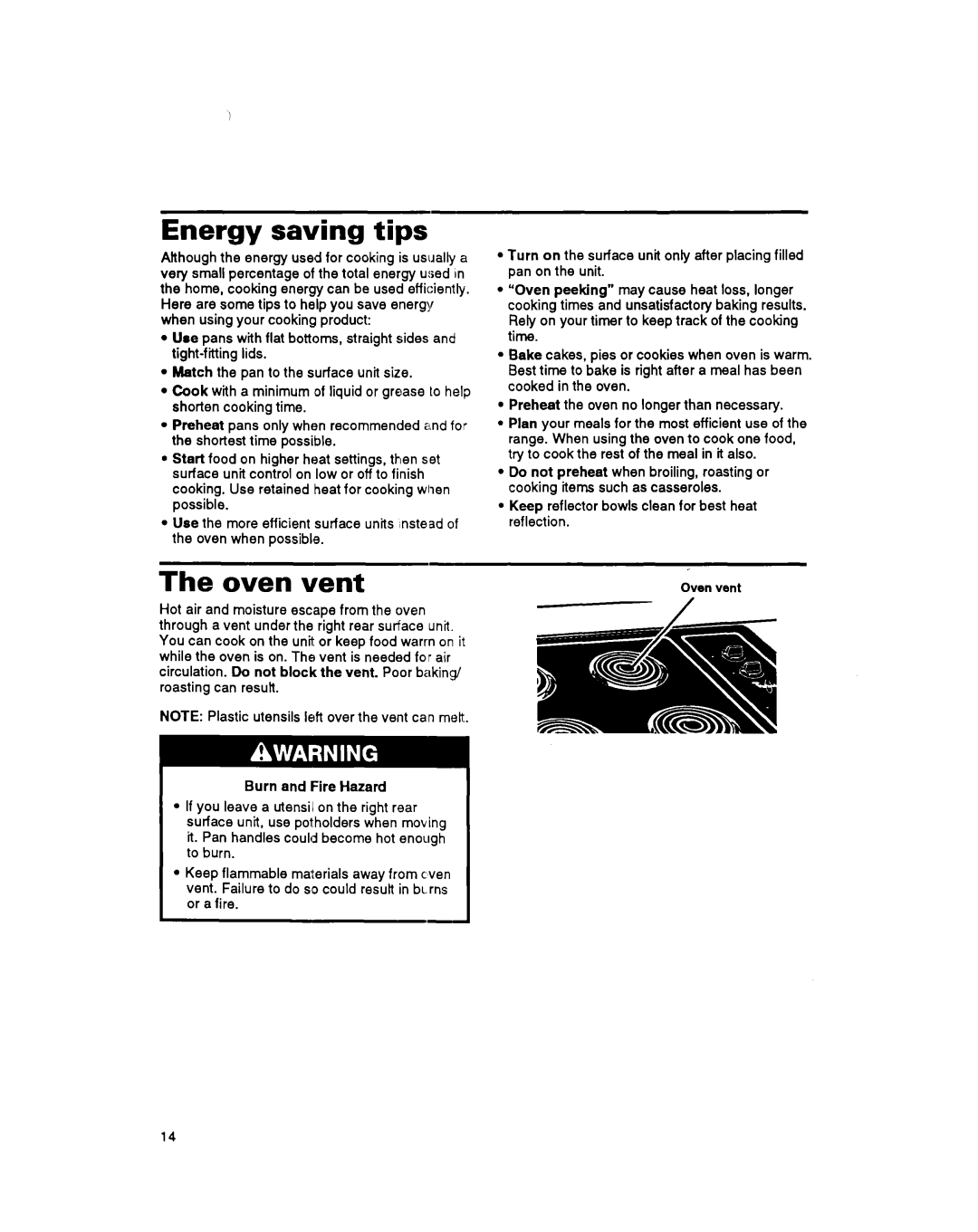 Whirlpool RS600BXB manual Energy saving tips, Oven vent 