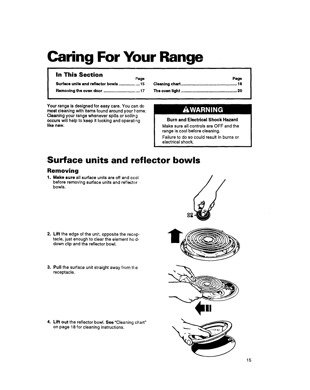 Whirlpool RS600BXB manual Caring For Your Range, Surface units and reflector bowls, Removing 