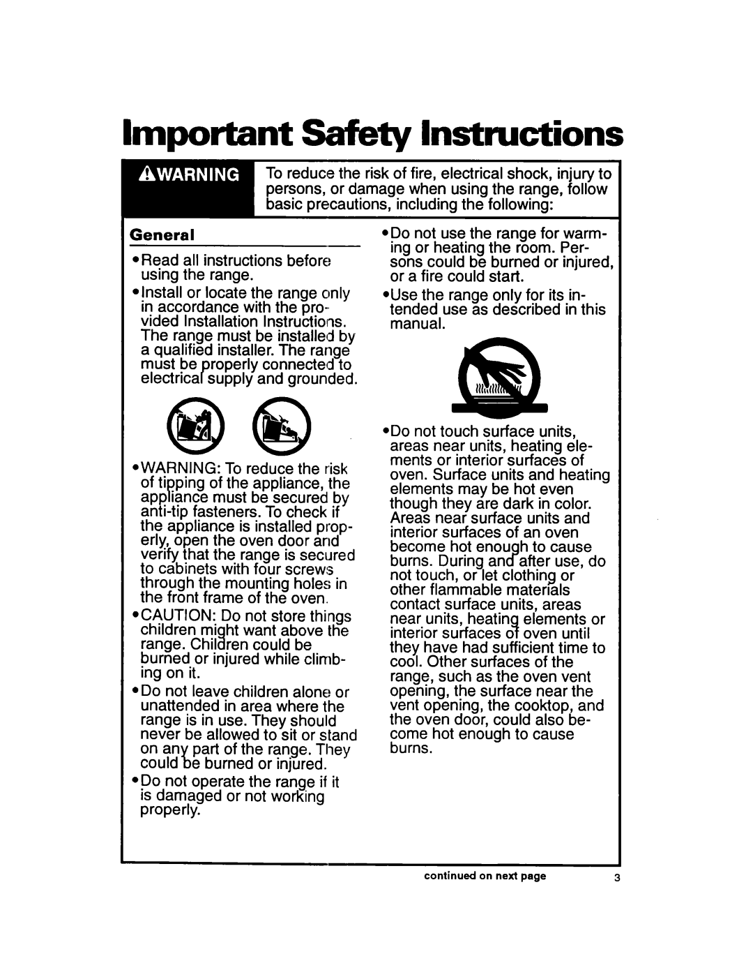 Whirlpool RS600BXB manual Important Safety Instructions, General, On next 