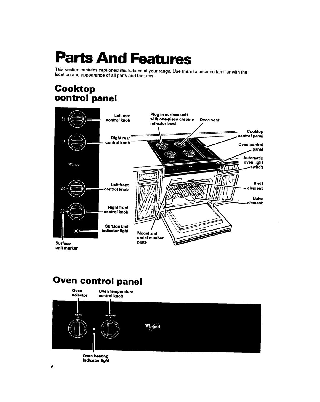 Whirlpool RS600BXB manual Cooktop Control panel, Oven control panel 