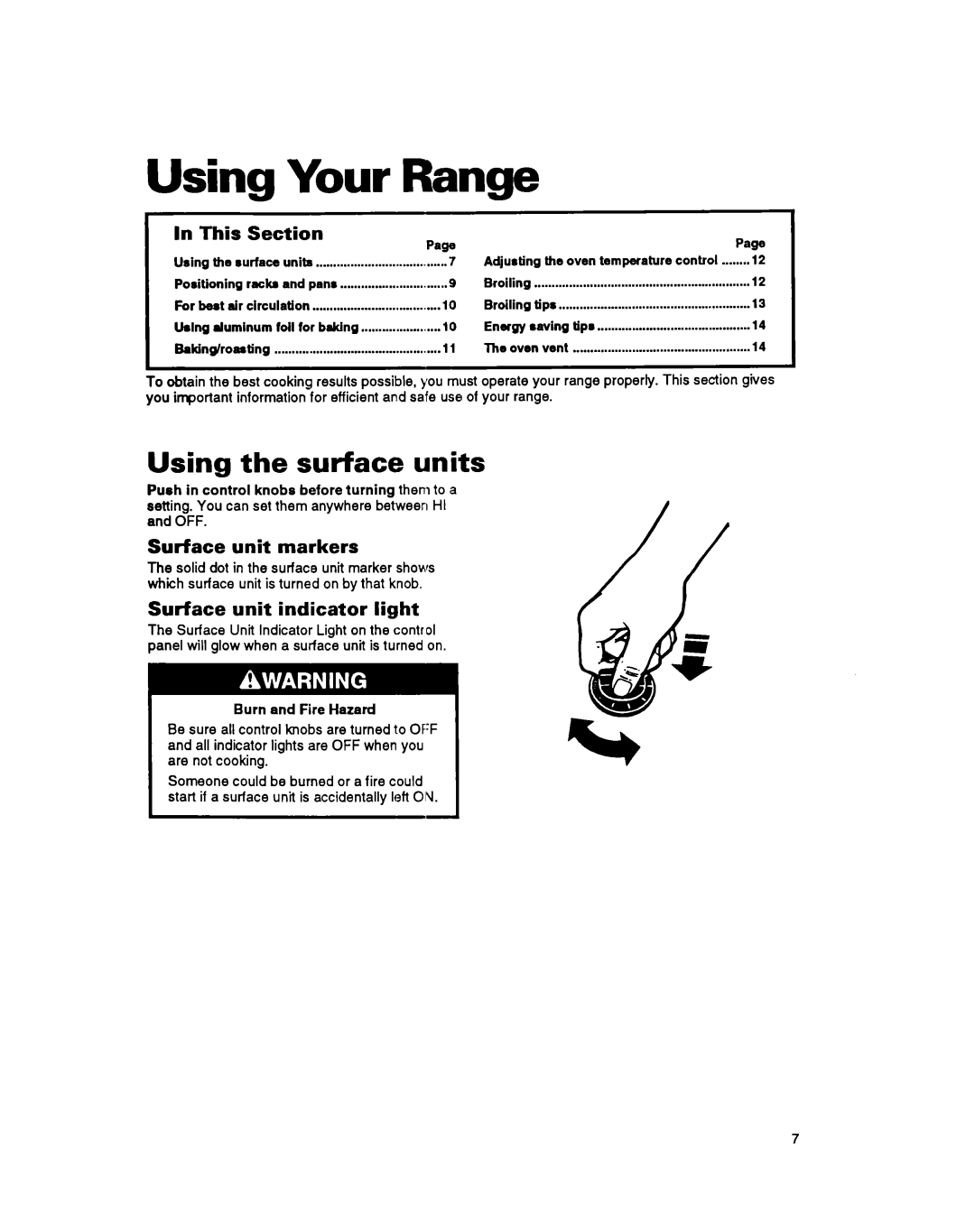 Whirlpool RS600BXB Using Your, Using the surface units, This Section, Surface unit markers, Surface unit indicator light 