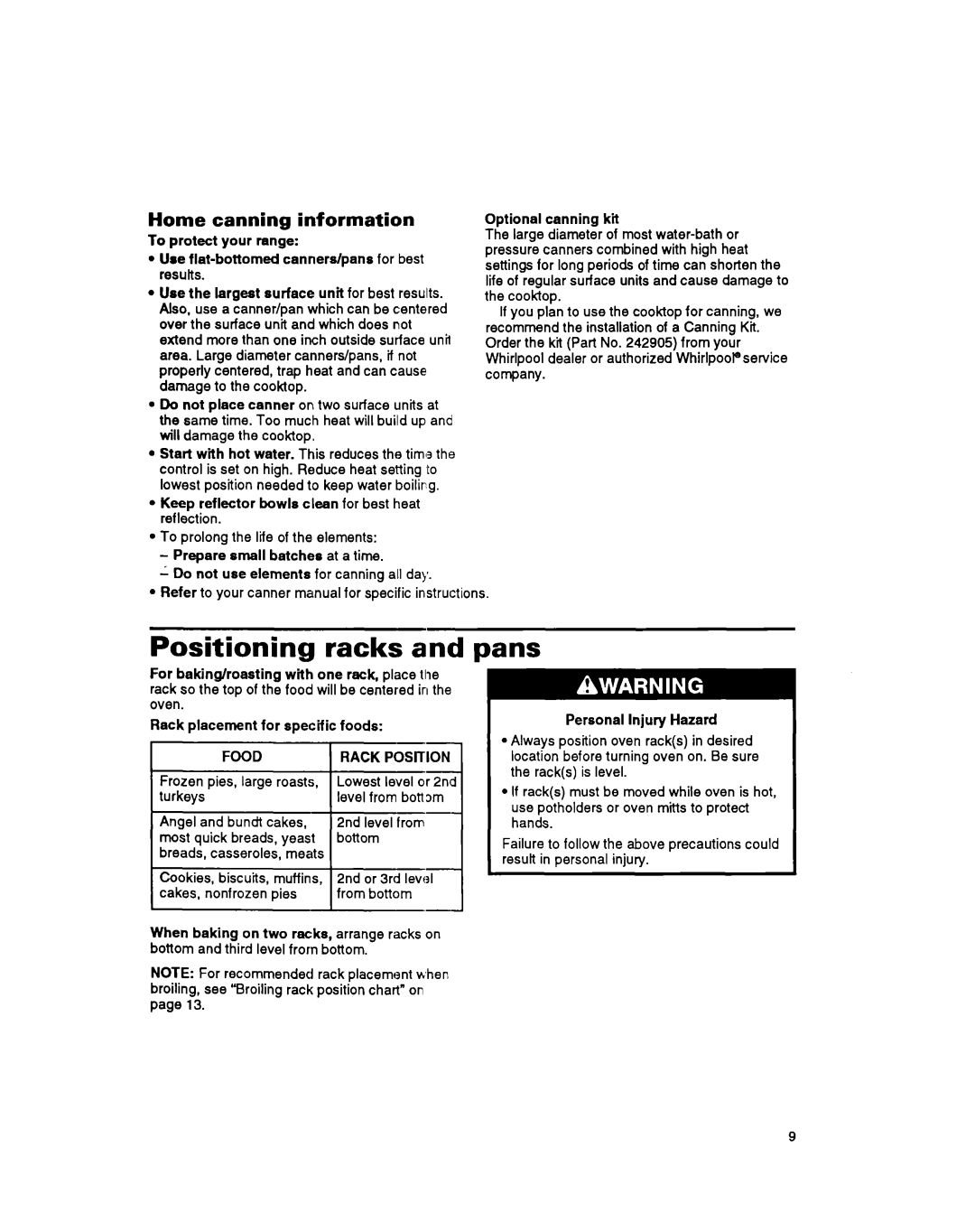 Whirlpool RS600BXB manual Positioning racks, Pans, Home canning information, Food 